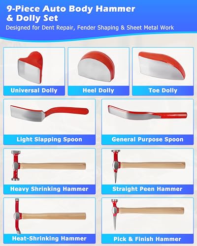 DAYUAN 9 pcs Heavy Duty Auto Body Repair Tool, Fender Repair Kit Carbon Steel Hammer Dolly Set Dent Hammer Set with Hickory Handle