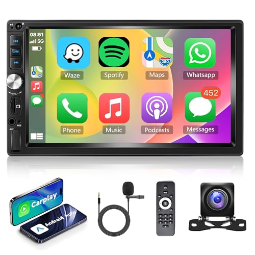 Autoradio 2 Din avec Apple Carplay Android Auto Bluetooth Mains Libres 7 Pouces Écran Tactile Autoradio avec Mirror Link Bluetooth FM Radio USB/AUX/TF Commandes au Volant Caméra de Recul Microphones