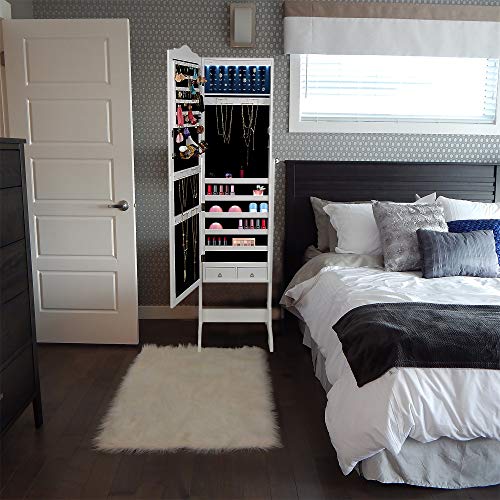Mind Reader Jewelry Organizer Shelf [Free Standing] Lockable Wooden Armoire With Hangers For Necklace, Rings, Bracelets, Earrings And Accessories Holder And Full-Length Body Vanity Mirror (White) #TOP1