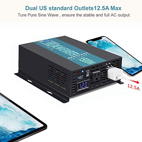WZRELB Reliable 1500W Full Power High Frequency Pure Sine Wave Solar Power Inverter Off Grid 48VDC to 120VAC Voltage Converter Home Solar Generator(Black)