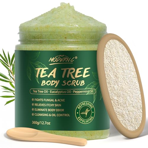 Exfoliante Corporal y para Pies con Aceite de Árbol de Té, Mejora Hongos en la Piel, Picazón, Tiña Inguinal, Mal Olor Corporal, Exfoliante de sal Marina para Exfoliar e Hidratar la Piel, 360g/12.7oz