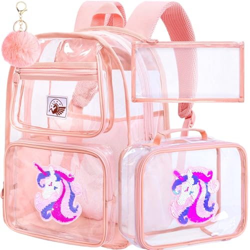 Image of AGSDON 3PCS Clear Backpack for Girls, Kids Unicorn Transparent Backpack with Heavy Duty PVC, See Through Backpacks with Lunch Bag-Pink