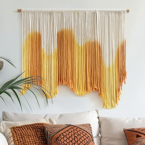Image of IOWER Macrame Wall Hanging Yellow Dip Dye Boho Wall Decor Fiber Wall Art Modern Wall Decor Boho Wall Art for Living Room Bedroom Apartment 27 inch W x 26.8 inch L
