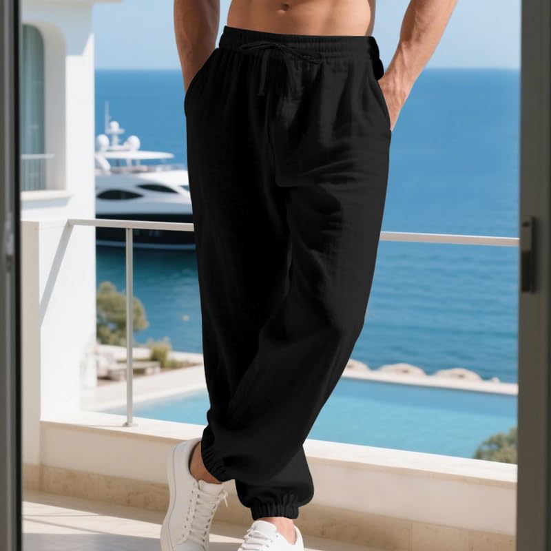 Men's Linen Joggers Summer Beach Lightweight Drawstring Yoga Pants with Pockets & Elastic Cuffs4