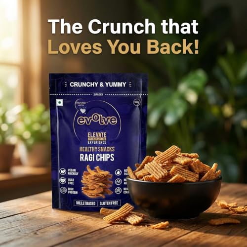 Image of Evolve Ragi Chips Healthy Snack for Adults | No Palm Oil, Gluten-Free & Preservative-Free, No Artificial Color or Sugar | Wholesome & Crunchy Snack | Millet Blend, Freshly Made - 100g Pack of 4