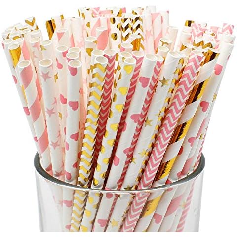 Just Artifacts Premium Disposable Drinking Paper Straws (100pcs, Pink & Gold 2) Cover