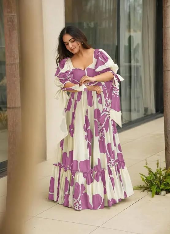 Image of Women Floral Printed Tiered Maxi Dress with Puff Sleeves, Empire Waist, Tie-Up Detail, Flared Long Dress for Casual Wear, Summer Outings, Vacation & Resort Wear - Causal Gown for Women