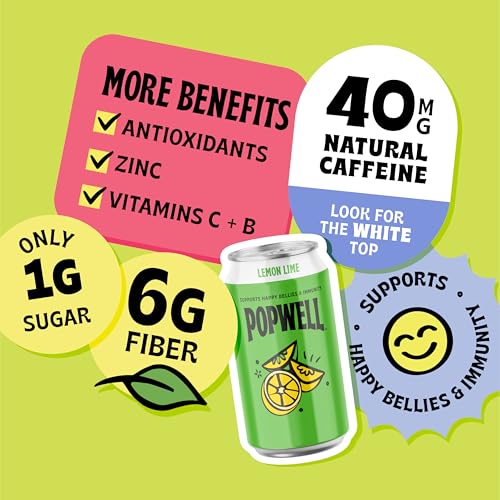 Image of Popwell Lemon Lime Caffeinated Better-For-You Prebiotic Soda, with 6g Fiber, 1g Sugar, Vitamins and Immunity Support, 12 fl oz Cans (pack of 12)