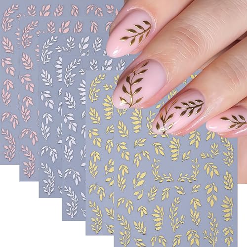 6 Sheets Leaf Nail Stickers 3D Self-Adhesive Nail Decals Gold Silver Rose Gold Leaf Nail Design Cute Branches Leaves Nail Supplies Summer Nail Accessories for Women DIY Manicure Art Decoration
