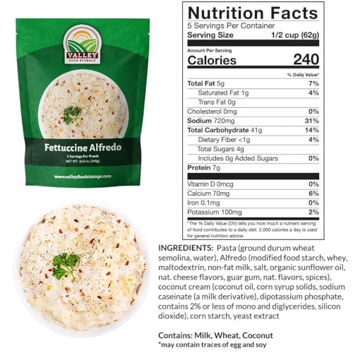 Image of Valley Food Storage Fettuccine Alfredo | 10-Bag Bucket, 50 Servings | Premium Emergency Food Supply, 25 Year Shelf Life | Survival Meal Kits, Prepper Food, Camping & Long Term Food Storage | Packaged in USA