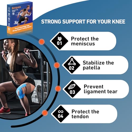 Image of PreCut Kinesiology Tape for Knees, 24PCS Waterproof KTQUICK Knee Tape for Knee Pain Relief Pre Cut, Original Cotton Athletic Knee Tape, Waterproof & Hypoallergenic Latex-Free for Sports(Blue)