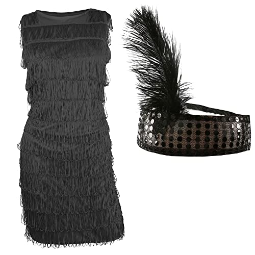 I LOVE FANCY DRESS Déguisement enfant jeune fille délurée en Noire - Robe à franges sur le devant avec bandeau assorti - Tenue de style des années 1920...