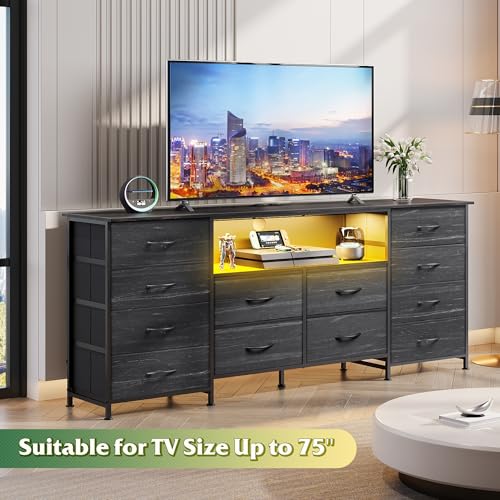 Image of WLIVE Dresser TV Stand for 75 Inch TV, 12 Drawers, LED, Black Wood Grain