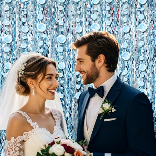 Image of Blue Wavy Foil Fringe Curtain with Bubble Garlands,Ocean Under The Sea Mermaid Backdrop for Beach Birthday Photo Booth Party Decor (3.3 feet Curtain 3 Bubble Garlands)