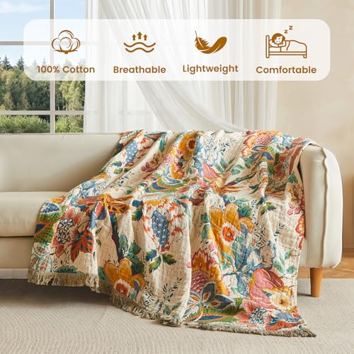 Image of MSGKV Boho Throw Blanket 60 inchx80 inch Cotton Vine Twin Blanket for Couch Bed