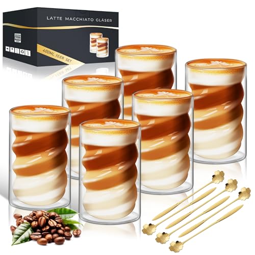 KEHTUNAHT Tasse à Café Double Paroi 6 X 400ml avec 6 Cuillères Verre Double Paroi Latte Macchiato Tasses en Verre Cappuccino Résistantes à la Chaleur Tasse Transparente