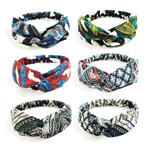 Boho Headbands for Women Printed Flower Criss Cross Hairband 6 Pcs Vintage Twisted Feather Head Wrap Elastic Turban Hair Band Accessories for Girls (Feather)