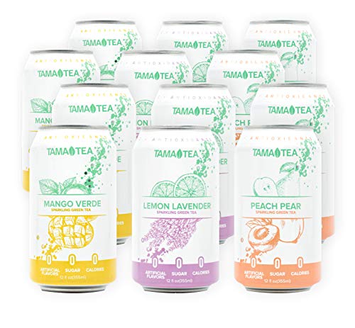 Tama Tea Sparkling Green Tea, 3 Flavor Variety Pack, Made with Real Fruit & Herbs, 12 Fl Oz Cans, Pack of 12 Green Tea Cans