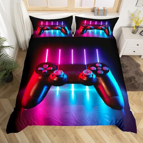 Jeu de literie Gamepad 140x200cm Console Jeu vidéo Housse de Couette Gamer Ensemble de lit dégradé néon Gamer Gaming Game Controller impression de manette...
