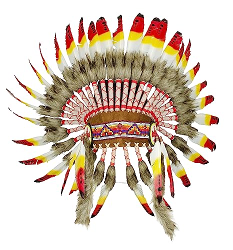 The World of Feathers Short american indian inspired feather headdress festival costume carnival halloween costume (Red)