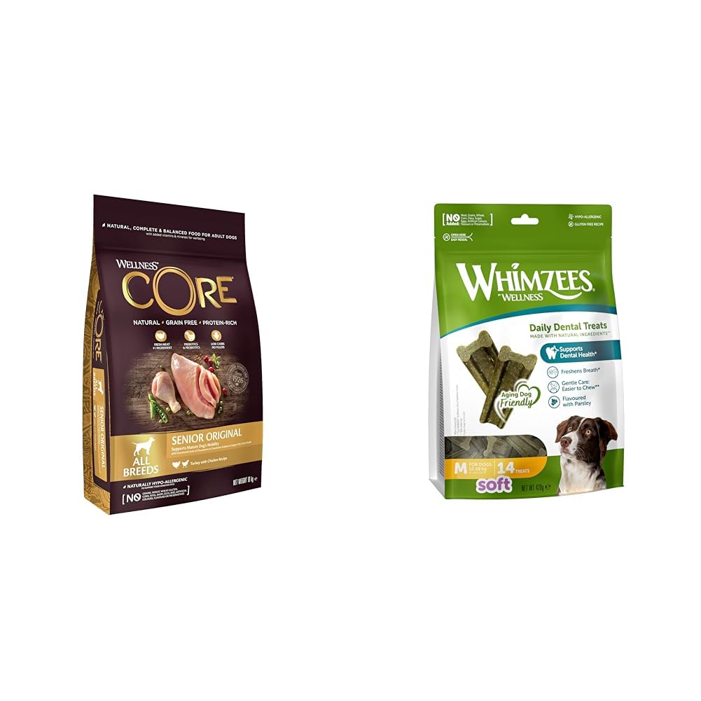 Wellness CORE Croquettes Chien Sénior de Taille Moyenne, Dinde & Poulet, 10kg + WHIMZEES Bâtonnets à Mâcher Tendres, Chien de Taille Moyenne, Friandises Dentaires, 14 Pièces