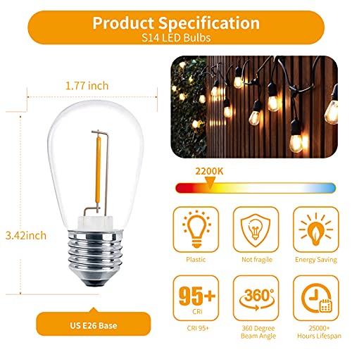 Meconard 24 Pack Led S14 Replacement Light Bulbs, Shatterproof Outdoor String Light Bulbs, 1 Watt To Replace 11Watts Incandescent Bulb, E26 Regular Medium Screw Base, 2200K Warm White, Non-Dimmable #TOP2