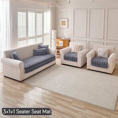 Image of HOKIPO 'FurHug' Luxury Faux Rabbit Fur Sofa Cover Mat 5 Seater (3+1+1), Cool Grey (AR-5010-5)