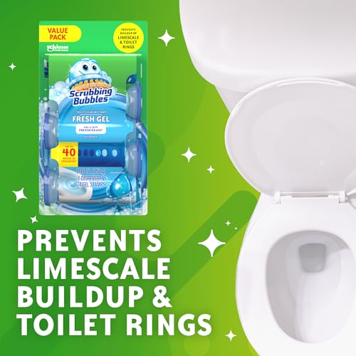 Image of Scrubbing Bubbles Fresh Gel Toilet Bowl Cleaning Stamps, Helps Keep Toilet Clean and Helps Prevent Limescale & Rings, Rainshower Scent, 1 Dispenser with 24 Fresh Gel Stamps