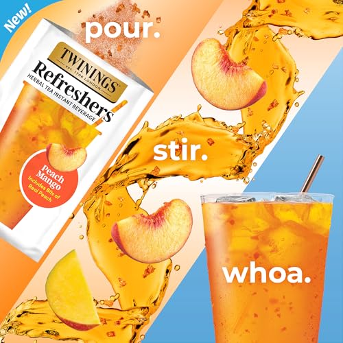 Image of Twinings Peach Mango Refreshers, Herbal Tea Instant Beverage with Real Peach Fruit Bits, 5 Count (Pack of 1), Cafe Style, No Artificial Sweeteners, Naturally Caffeine-Free Refreshment, 5 Packets