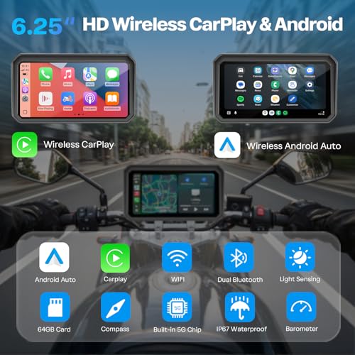 Image of WonVon Motorcycle CarPlay Screen with Android Auto - 6.25 inch Waterproof GPS Pantalla para Moto Apple CarPlay Navigation System for Motorcycle, Dual 2K Dash Cam Bluetooth Audio & TPMS with Magnetic Mount