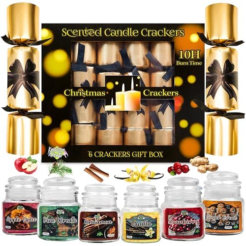 KreativeKraft Luxury Christmas Crackers, Pack of 6 Deluxe Xmas Crackers with Mini Scented Candles, Festive Seasonal Christmas Decor & Party Gifts (Gold Glass)