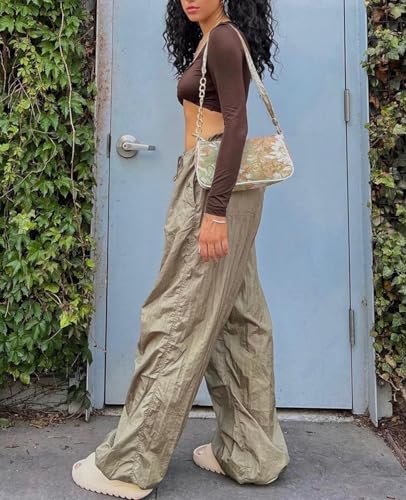Neyaolk Parachute Pants for Women, Drawstring Elastic Low Waist Y2k Cargo Pants Women Baggy with Pockets3