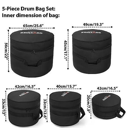 OUUTMEE 5 Piece 10mm Padded Drum Bag Set for 12\" Tom, 13\" Tom, 14\" Snare, 16\" Floor Tom, 22\" Bass Drum