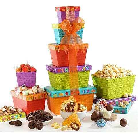 Broadway Basketeers Food Chocolate Gift Basket Tower for Birthdays – Curated Snack Box, Sweet and Savory Treats for Parties, Best Wishes, Birthday Presents for Women, Men, Mom, Dad, Her, Him, Families Cover