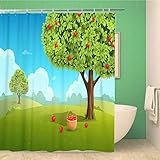 Awowee Bathroom Shower Curtain Tree Apple Orchard with Basket of Apples Landscape Background Vector...