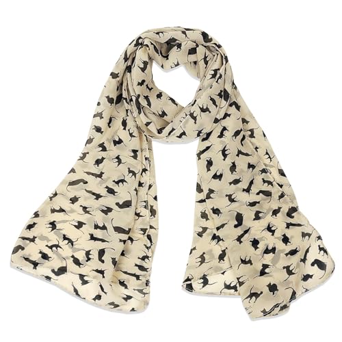 allydrew Lightweight Cat Print Chiffon Long Scarf, Beige