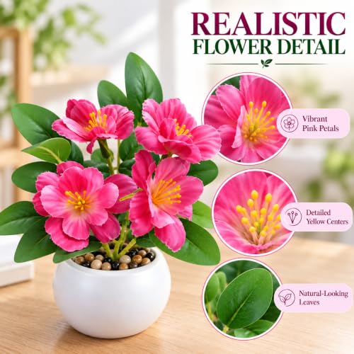 Image of CURATED CART Artificial Flowers with Pot & Decorative Pebbles for Home Decor, Small Size Faux Flowering Artificial Plants for Living Room Decor, Fake Flower vase for Bedroom, Office & Table Decor