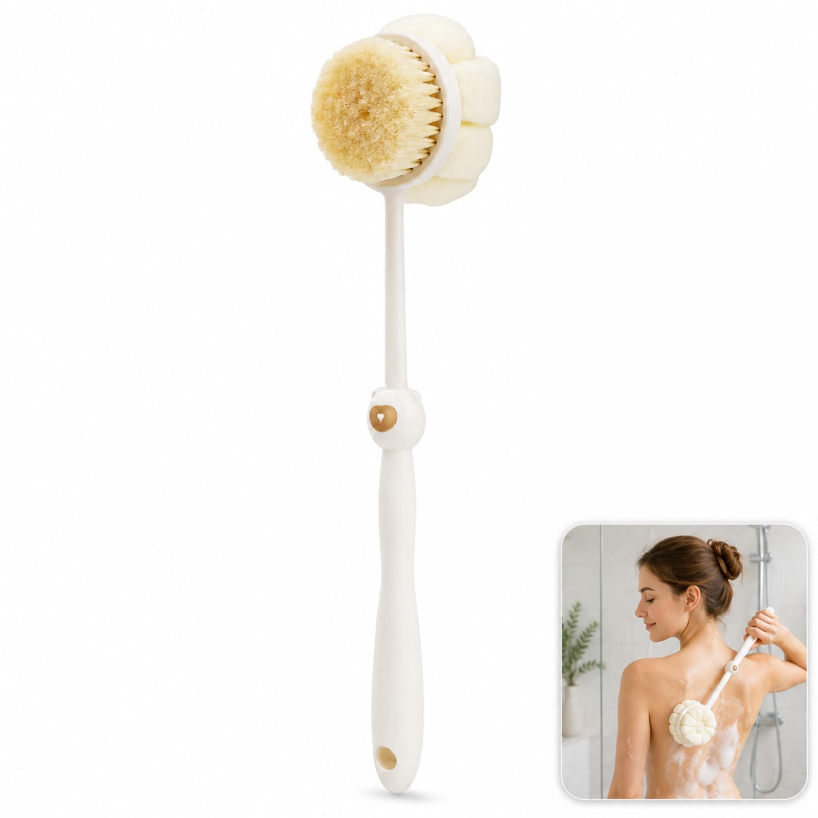 Back Scrubber Shower Brush: Anti Slip Long Handle, Back Brush Long Handle for Shower with Stiff Bristles & Foam Sponge, Wet & Dry Exfoliator (White)