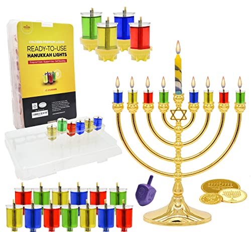 Hanukkah Pre-Filled Olive Oil Glass Cup Candles, 2.5 Hours, 100 Percent Olive Oil Pre-Filled Ready to Use - 44 Cups for All 8 Nights of Hanukkah (Multicolor Olive Oil)