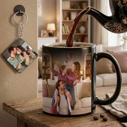 Image of KivStar Secret Reveal Personalized Photo Magic Mug - Custom Name & Quote - Black Ceramic Color Changing Mug (325ml) for Birthday, Anniversary, Valentine's Gift.