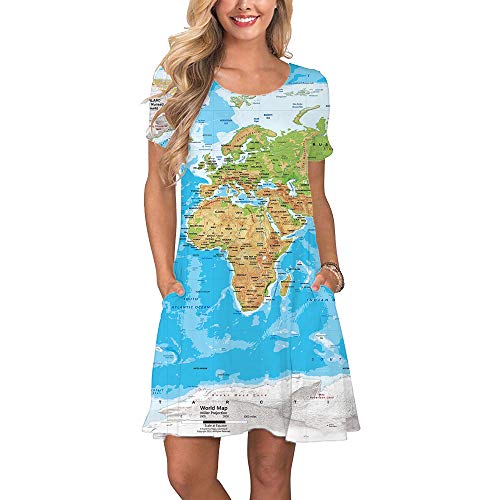 KYKU Globe Dresses for Women Printed Earth World Map Dress Cute with Pockets (L, World Map Dress)
