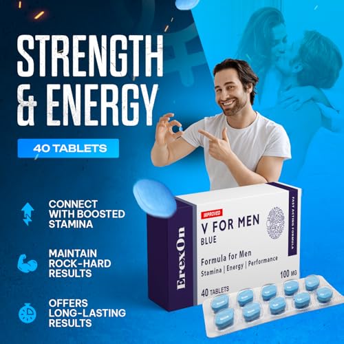 Erexon - V For Men Blue 40 Pills X 100Mg Herbal Supplement For Men - Strong Effect - Mens Health Support Tablets - Performance & Enhancement - Maca, Glycine, Korean Ginseng And Zinc - 6