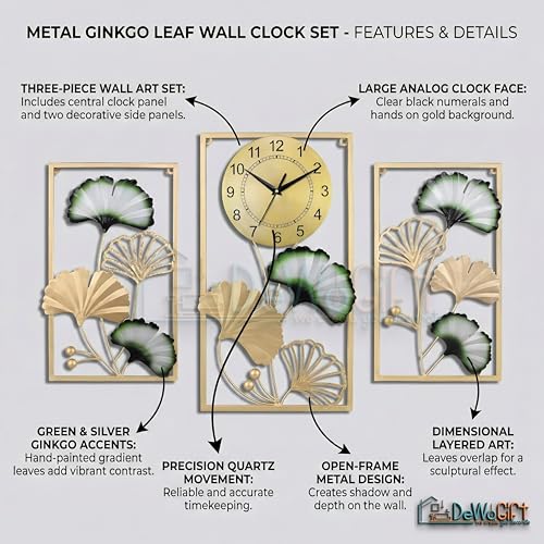 Image of Luxury Ginkgo Leaf Metal Wall Clock - Large Gold & Green Botanical Wall Art Set for Living Room, Bedroom, and Hallway Decor - Modern Silent Quartz Movement - Set of 3