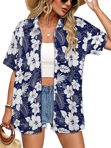 Image of Women Hawaiian Shirt Button Down Summer Tops Beach Short Sleeve Blouse