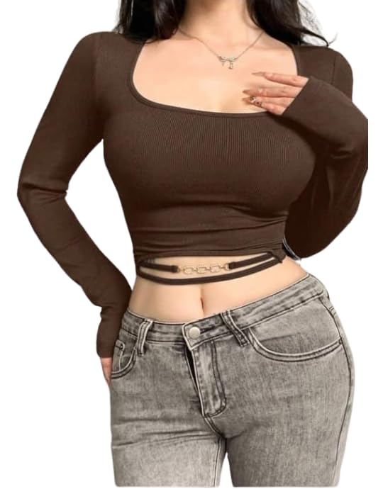Women Deep Neck Metal Full Sleeve Crop Top Lycra Stretchable Stylish Top for Girls Trendy Top-image-1
