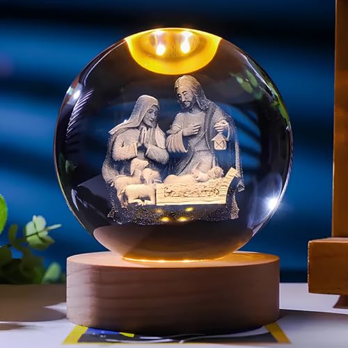 Image of 3D Crystal Ball Night Light with Wooden Base, Aesthetic Clear LED Lamp for Home and Bedroom Touch Switch, Warm Light for Kids and Teens Perfect Birthday & Anniversary (Birth of Jesus Christ)