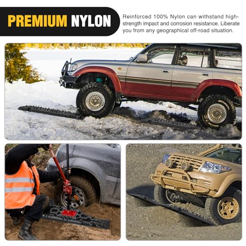 Image of Nilight Recovery Off-Road Traction Boards with Jack Lift Base Emergency Tire Ladder Mats for 4WD 4X4 Mud Sand Snow with 2PCS Mounting kit Carry Bag 2 leashes (Black)