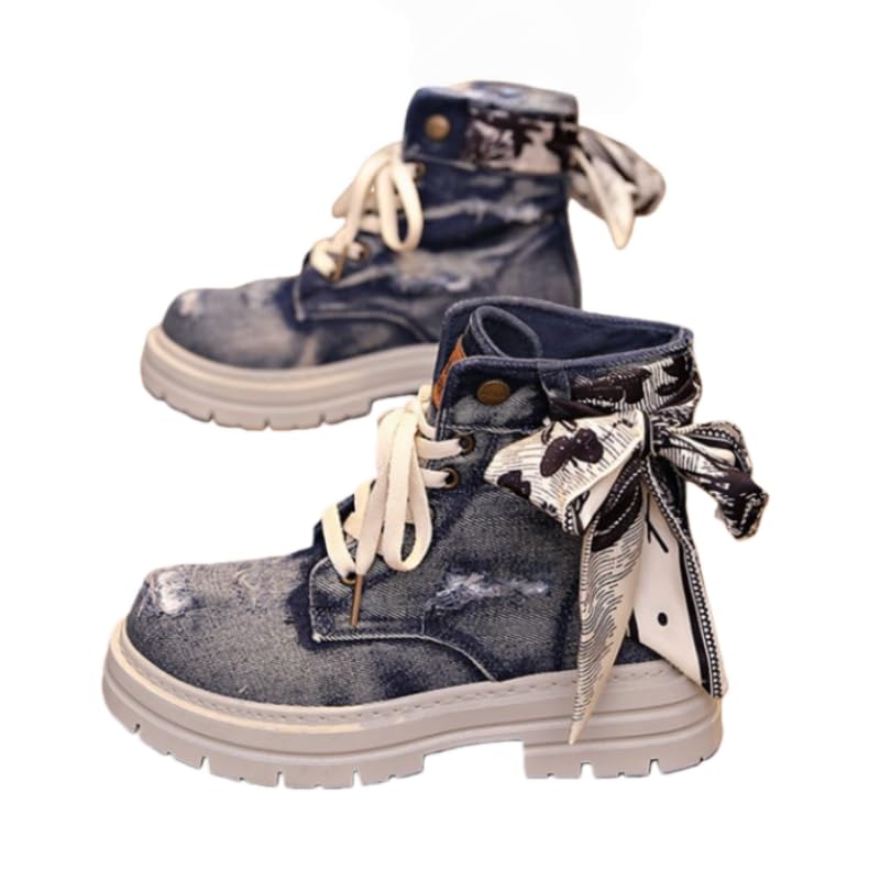 Womens High-Top Denim Sneakers with Bow- Comfortable Thick Sole Casual Shoes Versatile Fashion Athletic Footwear Soft Insole All-Season