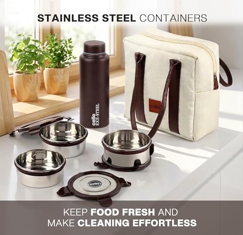 Image of CELLO Urban Bite Lunch Box with Bag for Office Use, White Brown | 3 x 400ml Stainless Steel Containers, 800ml Water Bottle with Fork & Spoon, Leak Proof Airtight Clip Steel Tiffin Box Set for Travel