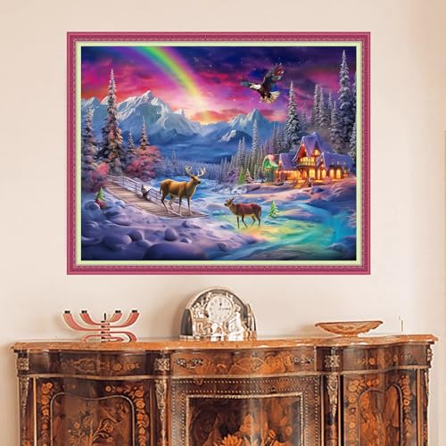 Image of DMCVIVR Stamped Cross Stitch Kits for Beginners Adults Needlepoint Kits for Beginners Embroidery Kits for Adults Crossstitch Kit for Beginners 11CT-Aurora Elk 16x20 inch